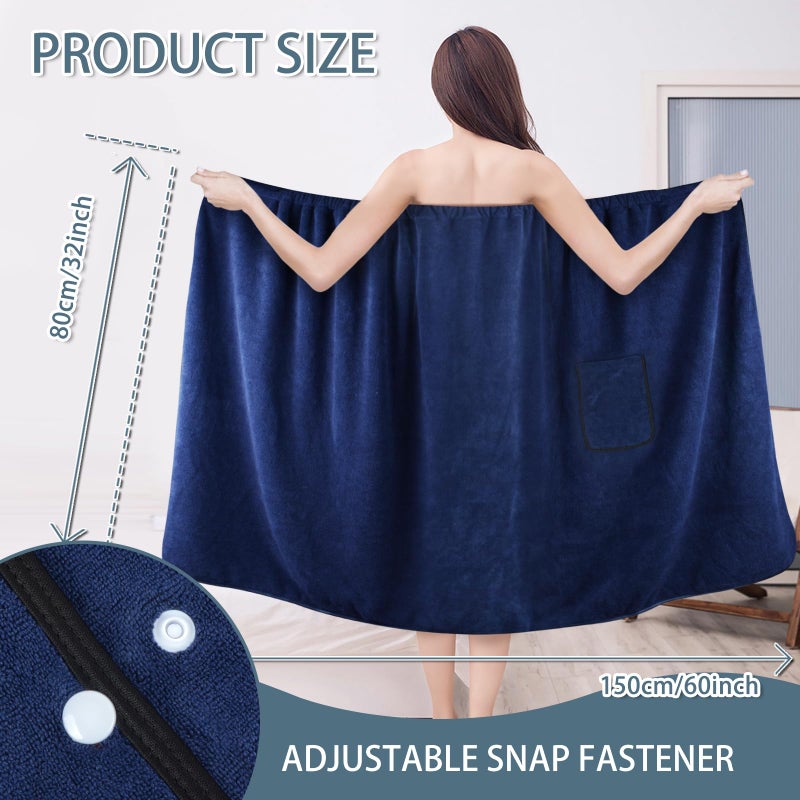 SINLAND Women's Spa Wrap Microfiber Lightweight Knee Length Bath Body Wrap Shower Towels with Adjustable Closure 32 Inch x 60 Inch Navy Blue - Image 2